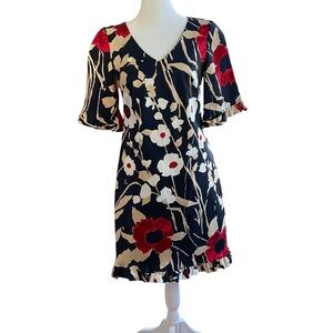 Trina Turk Structured Navy Dress with Red and White Floral Design